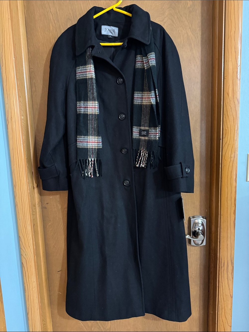 London Fog Black Coat with Plaid Accent Scarf